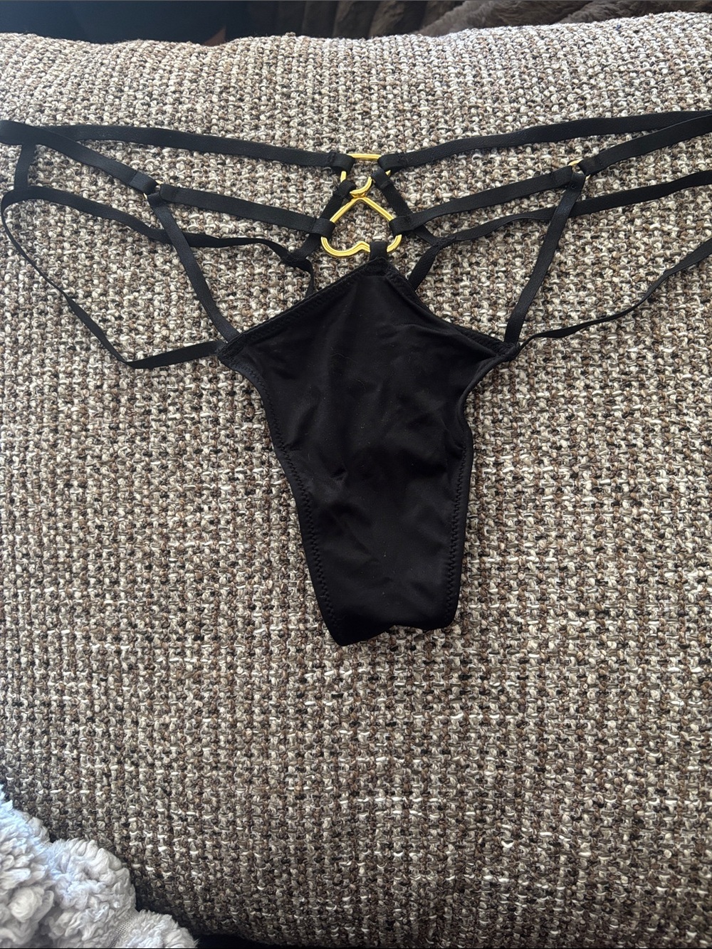Victoria Secret Black‎ Strappy Thong with Gold Ring Detail